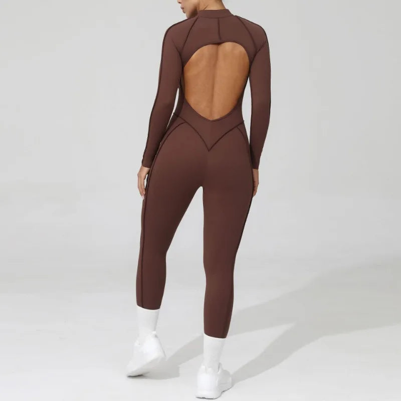 Macacão-Jump -com-Zíper-academia-roupa-de-fitness-legging-treino-welles-corrida-tenis-beach-tennis-moda-musculação-esforço-marrom