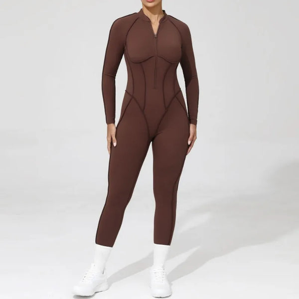 Macacão-Jump -com-Zíper-academia-roupa-de-fitness-legging-treino-welles-corrida-tenis-beach-tennis-moda-musculação-esforço-marrom
