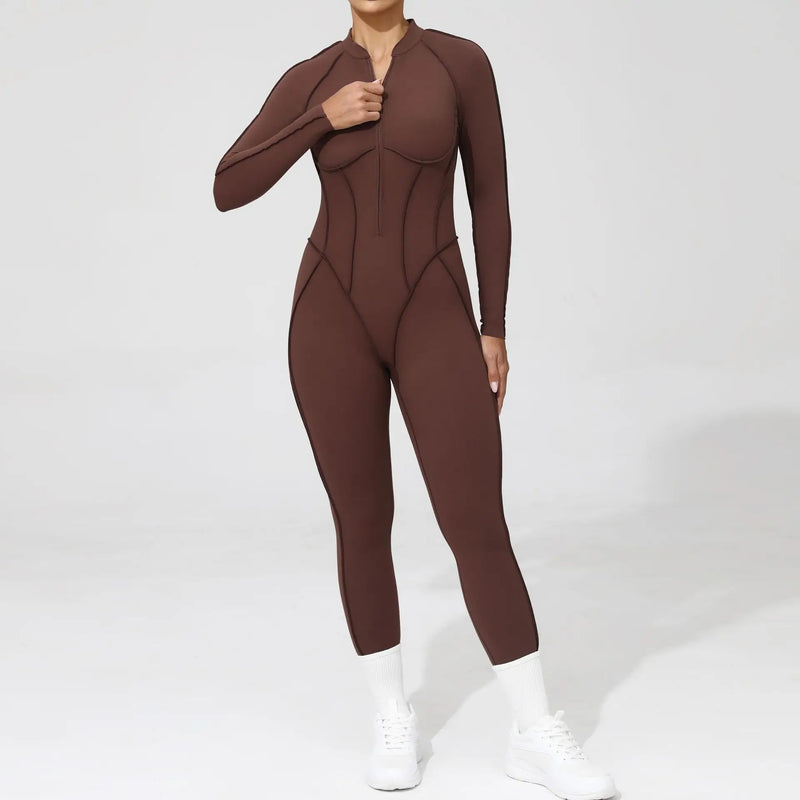 Macacão-Jump -com-Zíper-academia-roupa-de-fitness-legging-treino-welles-corrida-tenis-beach-tennis-moda-musculação-esforço-marrom-fit